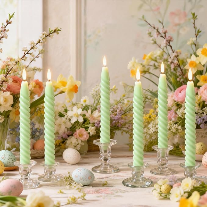 Easter Flameless Taper Candles Green Pastel Flickering with Remote Timer, Battery Operated Warm 3D Wick LED Spiral Candles 6 Pack 9.8" Real Wax Wedding Home Birthday Spring Easter Decorations