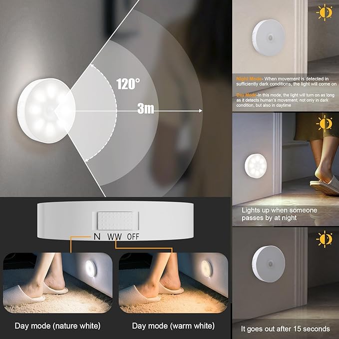 16 LEDs Under Cabinet Lights [with Remote], 3 Pack Wireless Motion Sensor Rechargeable Light Puck Light, 3 Color Temps Dimmable 3000-6000K, Closet Lights for Cabinet, Closet, Kitchen, Hallway, Stairs