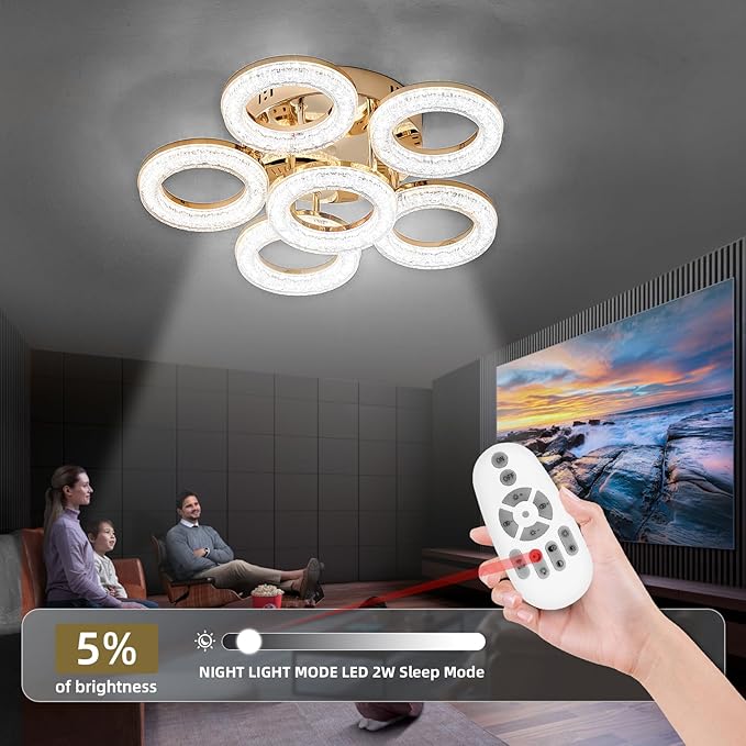 OKELI Modern Ceiling Light, 6 Rings 17.7'' Dimmable LED 60W Flush Mount Ceiling Lights with Remote Acrylic Crystal Round Ceiling Light Fixture, Bedroom Living Room Dining Room, Gold