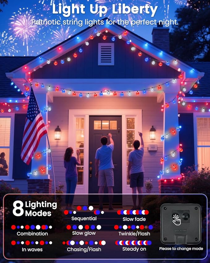 2-Pack Red White and Blue Crystal Globe Solar String Lights Outdoor, 64FT 100 LED Waterproof 4th of July Decorations, Solar Patriotic Lights 8 Lighting Modes for Memorial Day Independence Day Yard