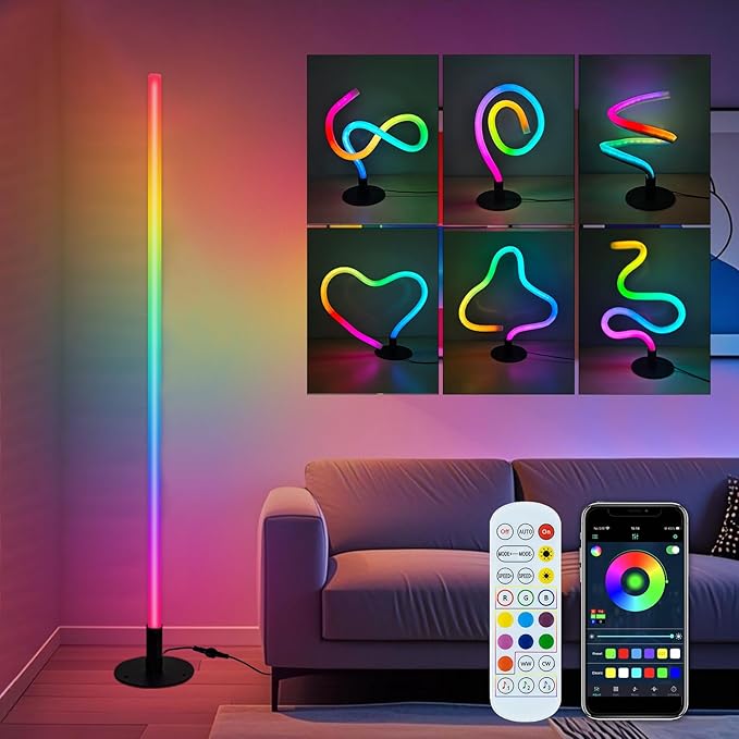 Corner Floor Lamp with Transformable Design - LED Corner Lamp with App and Remote Control, 16 Million Colors, Music Sync and Timer, Perfect for Game Room, Living Room