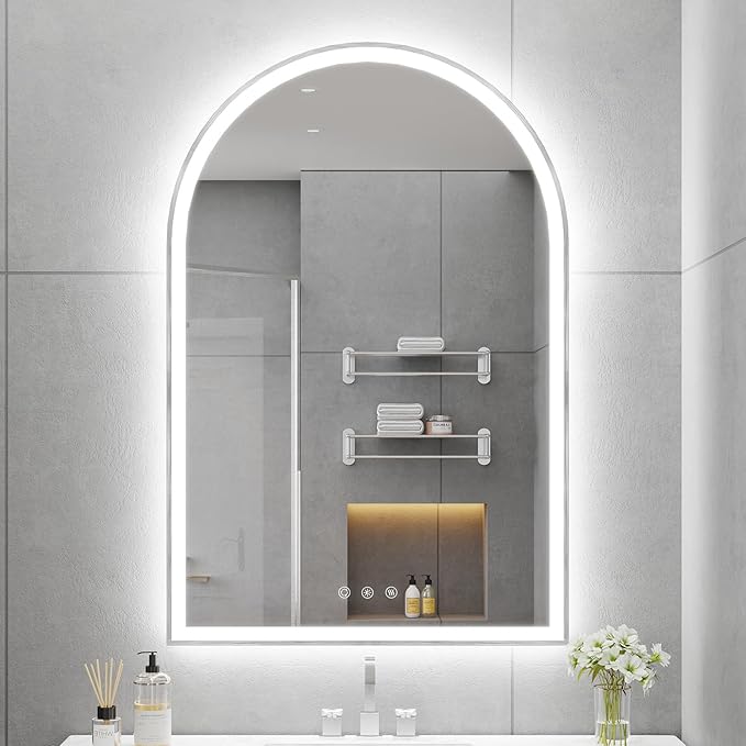 Arched LED Mirror for Bathtoom 24"x36", Silver LED Bathroom Mirror with Lights-Fogless, Dimmable, Shatterproof, Touch Sensor, 3 Color Changing