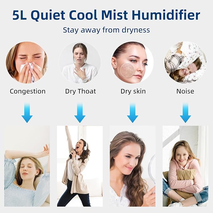 FLYMOON Smart Humidifiers for Bedroom, 5L Top Fill Cool Mist Humidifiers for Large Room, 50H Runtime, 28 dB Quiet,12H Timer, App Control, Ultrasonic Humidifier for Plants, Baby, Indoor, Home, Black