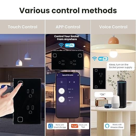 WiFi Smart Wall Outlet, Outlet Compatible with Alexa and Google Home, Smart Tuya Socket with Energy Monitoring and Timer, Dual Sockets2.4GHz WiFi Only, Black 1 Pack