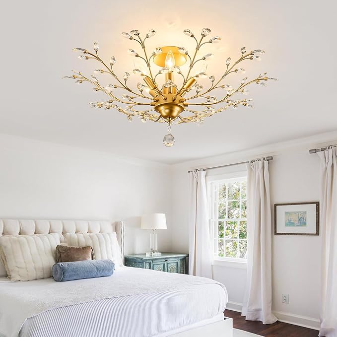 CVKASH 5-Light Vintage Small Crystal Chandelier Modern Brushed Gold Branche Ceiling Light Fixture Farmhouse for Kitchen Dining Room Living Room Bedroom Hallway Foyer