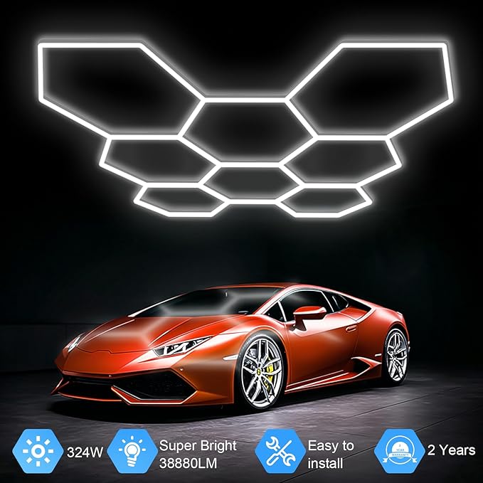 MODERN Hexagon Garage Light, 38880LM Ultra Bright, 6500K Daylight White, 8-Grid Anti-Glare for Garage, Workshop, Gym