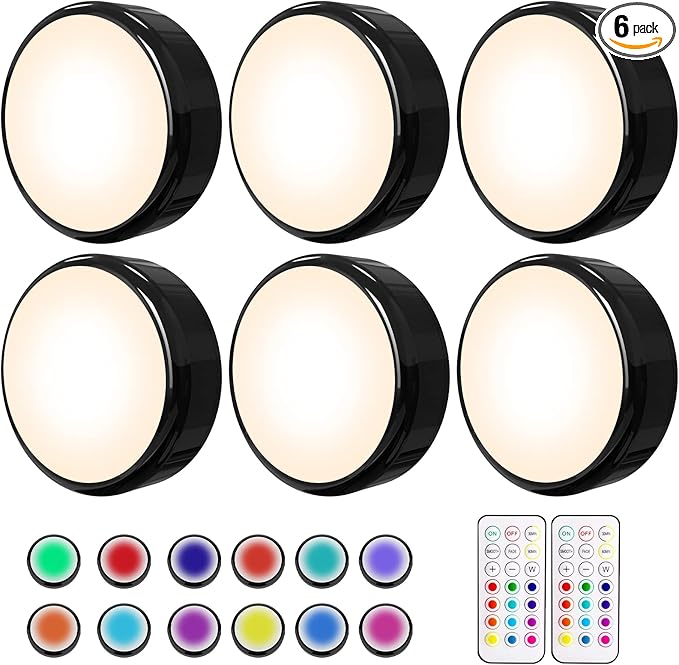 HELPLEX LED Puck Lights with Remote, 6 Pack Color Changing RGBW, Battery Powered, Dimmable Under Cabinet Lighting with Timer & Memory, Wireless Stick-On Lights, Black