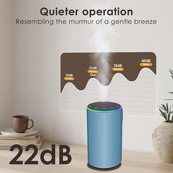 Waterless Essential Oil Diffuser, 7 Colors LED Light, Battery Powered Mini Scent Air Machine, Aromatherapy Mist Diffuser for Home Room Car Office，Black Aluminum Alloy (Blue)