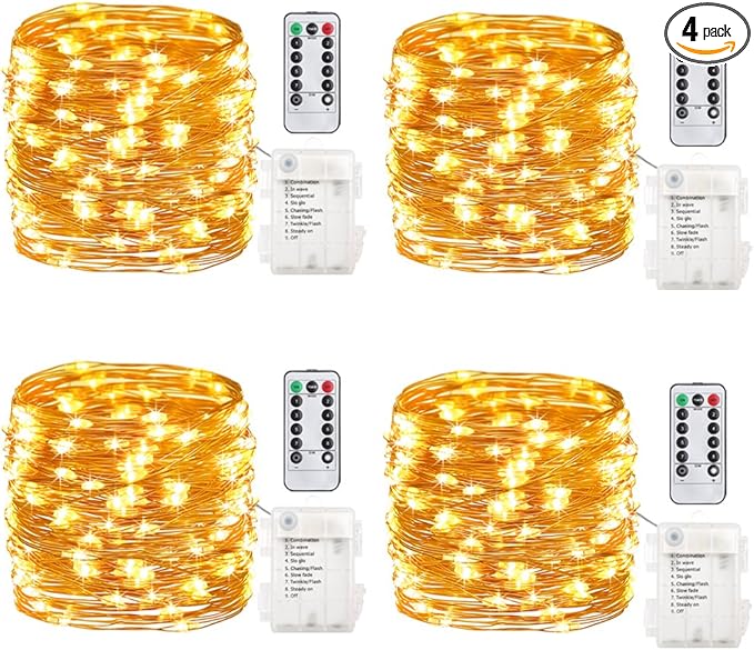 GDEALER 4 Pack 16.4 Feet 50 Led Fairy Lights Battery Operated with Remote Control Timer Waterproof Copper Wire Twinkle String Lights for Bedroom Indoor Outdoor Wedding Dorm Decor Warm White