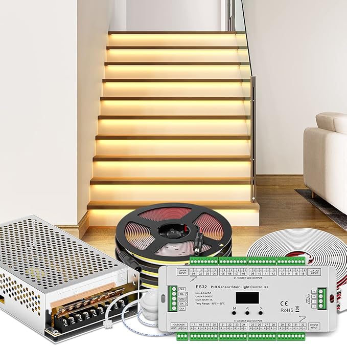 BTF-LIGHTING PIR Sensor Stair Light ES32 Controller Kit 3X16FT Custom FCOB LED Strip Length Fits All Widths of Stairs DC24V 3000K CRI 90+ 8mm Width Dimmable Uniform Light Multiple On and Off Modes