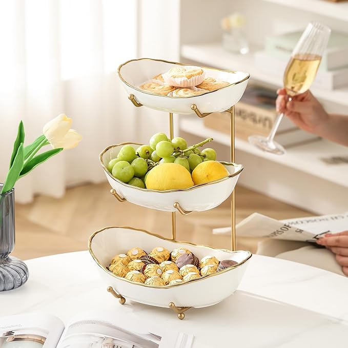 Ceramic Fruit Bowl for Kitchen Counter - 3 Tier Fruit Basket with Metal Stand, Tiered Fruit Stand for Countertop, Snack, Nuts, Cake, Dessert, Cute (Gold-rimmed, Small)