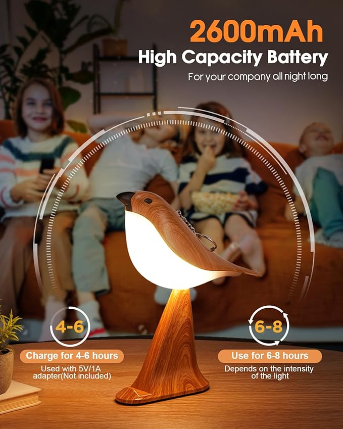 Small Bird Table Lamp, 2600mAh Touch Cordless Bedside Lamp with Remote Control & Phone Holder, 3-Color Dimmable Kids Night Light, Rechargeable Desk Lamp with Timer & Bird Sounds for Toddler Kids