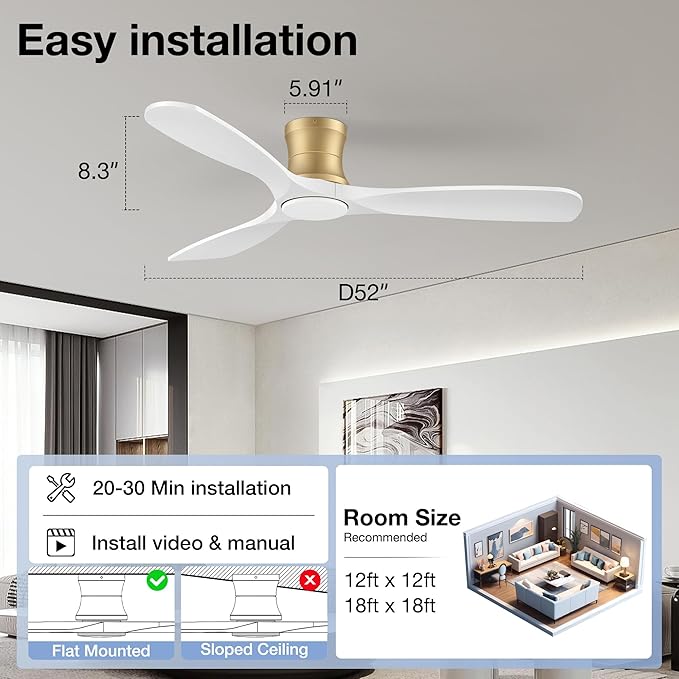 52inch Wood Ceiling Fans with Lights and Remote,Low Profile Modern Ceiling Fan with Light,Outdoor Indoor Flush Mount Ceiling fan,for Bedroom Living room Patio,White Gold,3 Blades,Reversible,Quiet