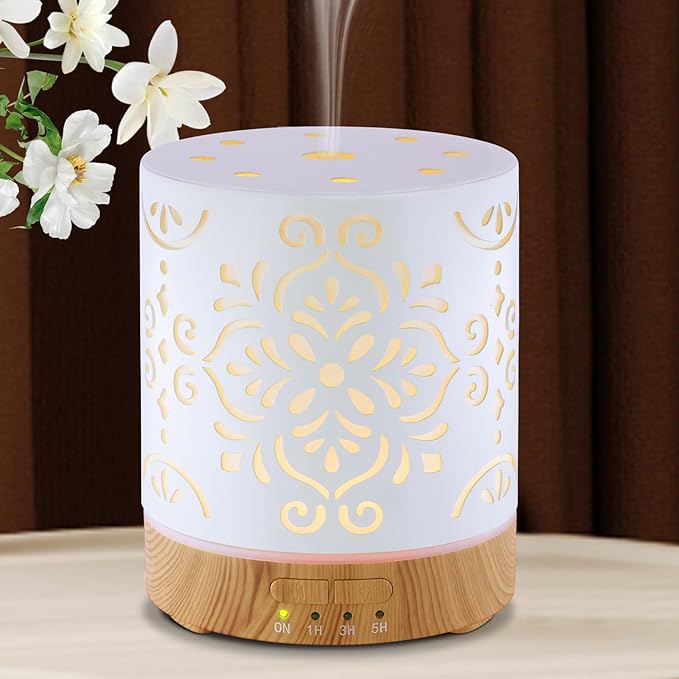 Essential Oil Diffuser for Home - 300ML Metal Aromatherapy Diffuser with Auto Shut-Off Protection & 4 Timers, Ultrasonic Humidifier with 7 Colors Lights for Large Room, Home Office Décor(White Flower)