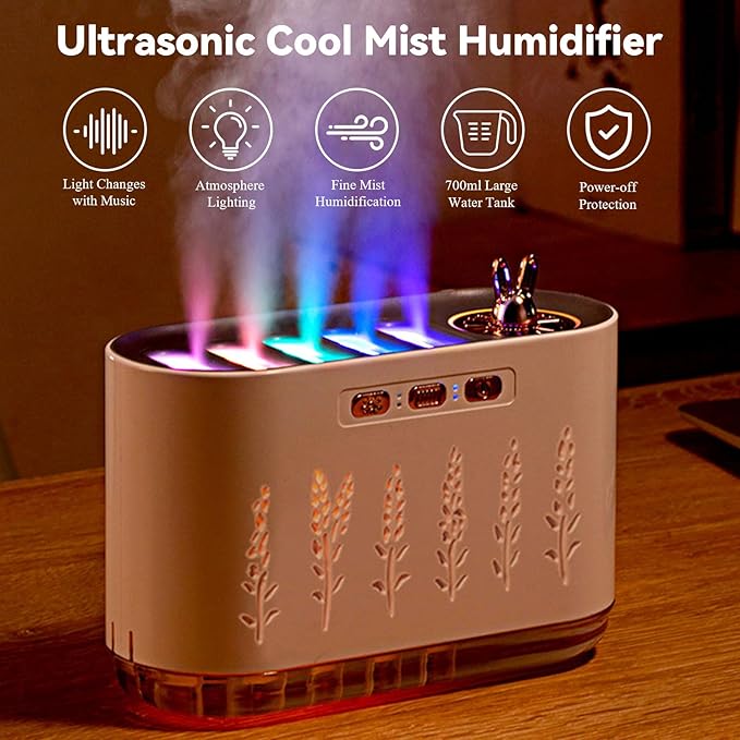 5 Nozzle Cool Mist Humidifier, Music-Sensing Humidifier Diffuser with 20 Color LED Light, 700ML Essential Oil Diffuse, Auto Shut-Off, Aroma Diffusers Humidifiers for Bedroom Home Office (Green)