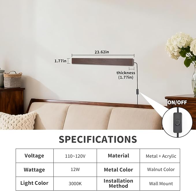 Farmhouse Plug in Wall Sconces, 23.6 inch Faux Walnut Finish LED Long Wall Lights, 12W Warm White 3000K Acrylic Indoor Wall lamp,with 59" Plug Cable for Bedroom, Living Room, Bathroom Makeup, Hallway