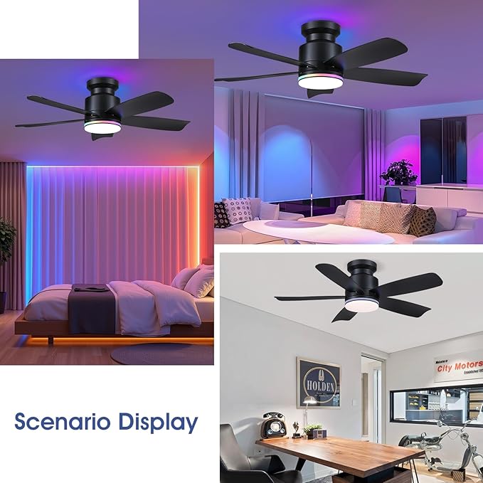 Ceiling Fans with Lights and Remote/APP Control, 41 inch Low Profile Ceiling Fan, 3 CCT LED Dimmable White Lights + RGB Ring Lights, 5 Reversible Plastic Blades 6 Speeds for Kidsroom, Black