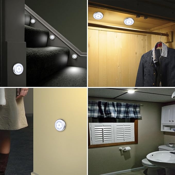 AMIR Upgraded 3.15” Motion Sensor Light, 3 Pack Stick on Cordless Battery-Powered LED Night Light, Closet Lights, Stair Lights, Safe Lights for Hallway, Bathroom, Bedroom, Kitchen (Silver - White)