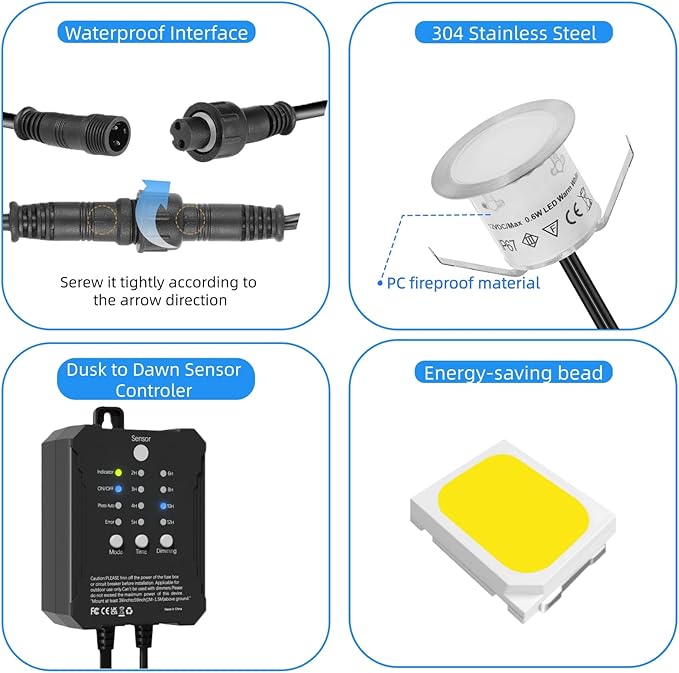 20 Pack Dimmable Recessed Deck Stair Lighting All-in-one with Timer Photocell Sensor Transformer Low Voltage LED Step Riser Lights IP67 Waterproof φ1.26 12V Warm White Patio Kit Decorations