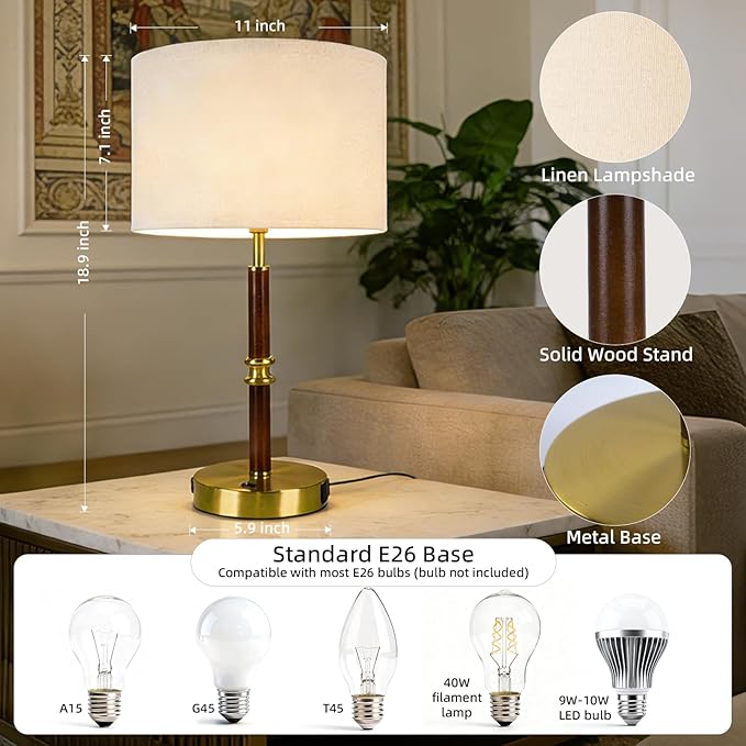 Table Lamp for Bedroom with Dual USB Ports, 19.3" Wood & Metal Table Lamp for Living Room, Bedside Table Lamp with Linen Shade, Home Decor (Bulb Not Included)