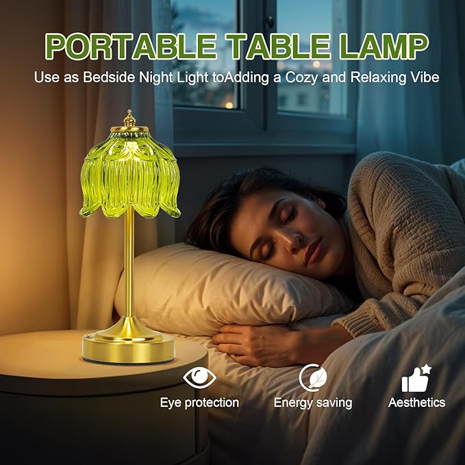 Cordless Lotus Flower Table Lamp, 5200mAh Rechargeable Battery Operated Portable Lamp, 3-Color Dimmable Touch Control Small Desk Lamp for Bedroom, Office, Kitchen, Nightstand,Room Decor(Green)