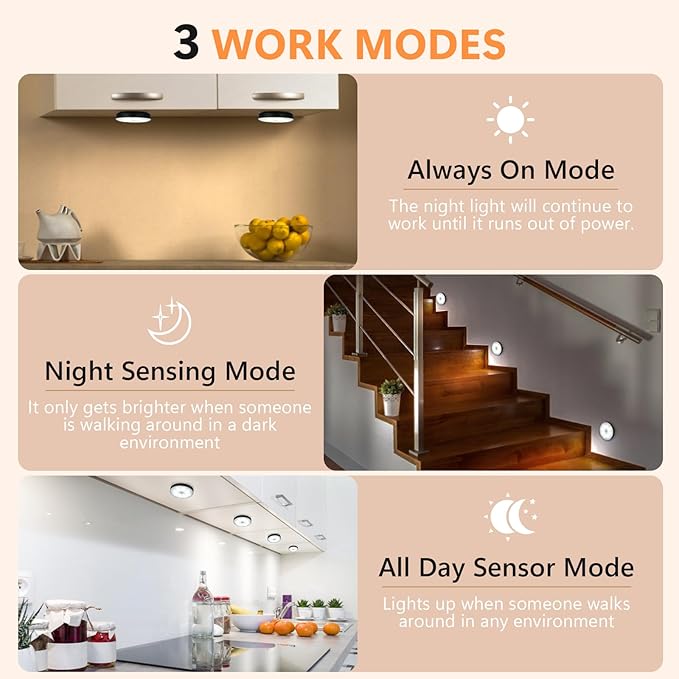 Stick On Lights, LED Puck Lights, Rechargeable Motion Sensor Night Light, 3 Operating Modes, Adjustable Brightness,Under Cabinet Lightins for Bedroom, Closet, Kitchens (2 Pack).