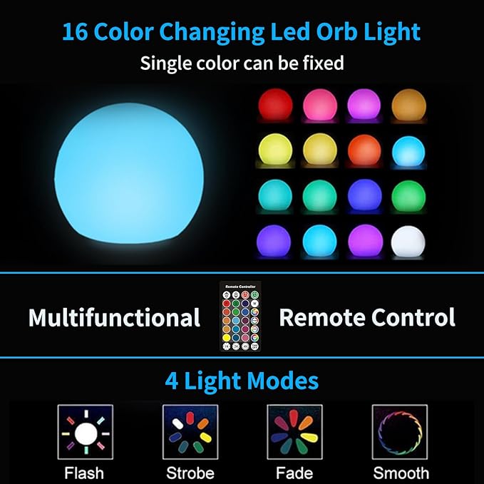 LED Ball Light,4-Inch Cordless Orb Light with Remote,16 Color Changing Night Light for Kids,Rechargeable Mood Lamp,IP68 Waterproof for Home,Party,Pool,Christmas Decor
