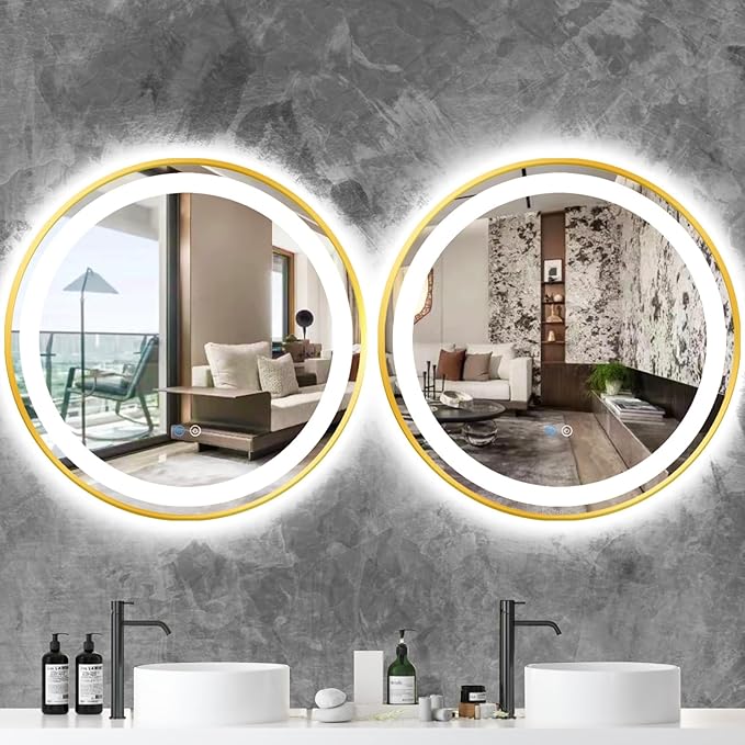 32 inches Round Gold Frame LED Bathroom Mirror, Wall Mount Home Mirror with 3 Color Dimmable Lights, Anti-Fog Smart Touch Sensor Mirror