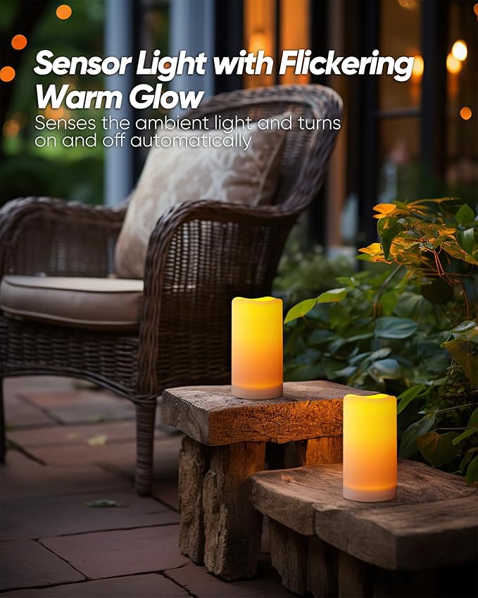Homemory Solar Candles Outdoor Waterproof, Rechargeable Candles, Solar Powered Flameless Candles for Outdoor, Lanterns, Sensor Only, Dusk to Dawn, 3"x5", Set of 2
