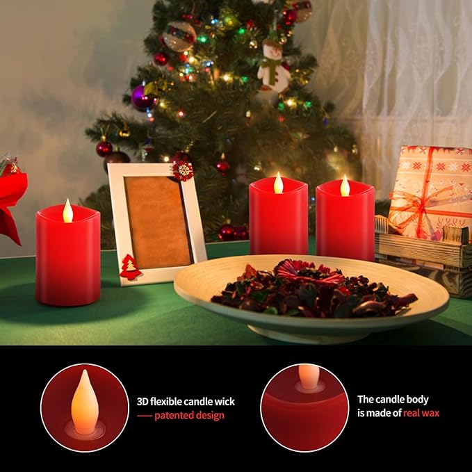 3x4 Flickering Flameless Candles Set of 3, 2AA Battery Life 600 Hours Battery Candles Flickering with Timer,4 inch Flameless Candles with Remote for Indoor/Outdoor, Red