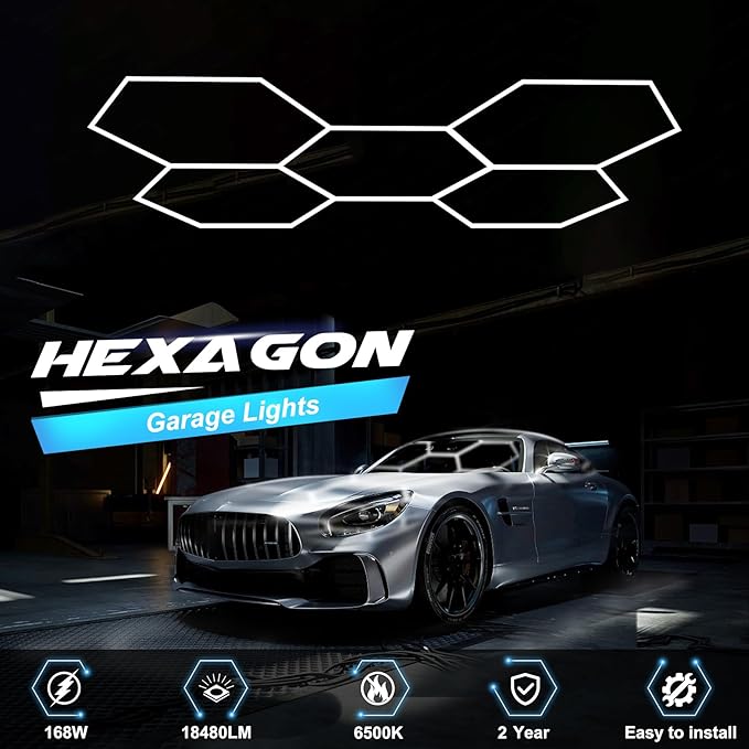Hexagon Garage Lights 3 Level Dimmable, High Brightness 168W 5600 to 18480 Lumens 6500K Honeycomb Led Light 5 Grid for Garage, Auto Beauty Shop, Car Detailing Shop, Workshop