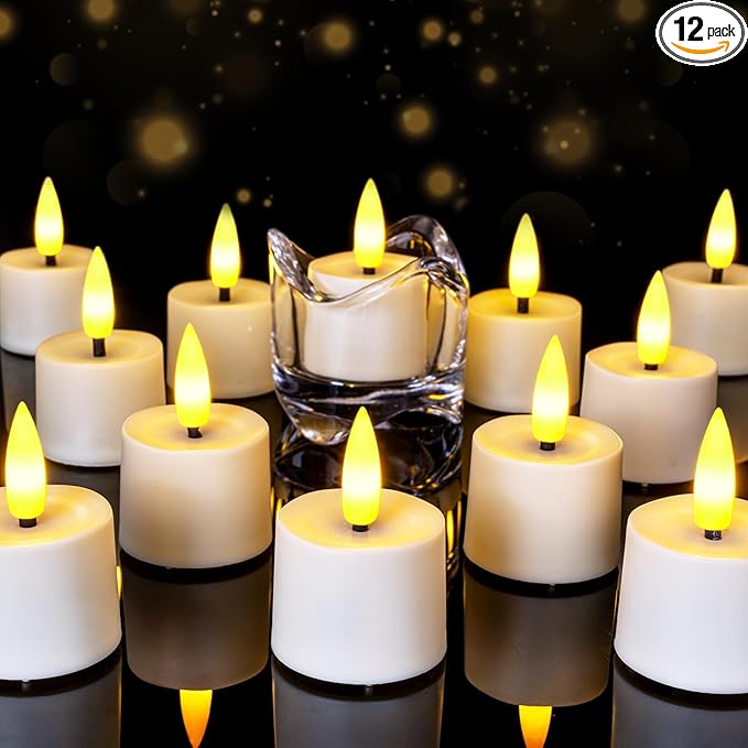 Flameless Candles, 12Pack Timer LED Votive Candles, Realistic 3D Flickering Tea Lights Candles Battery Operated with 6 Hours Timer Auto for Wedding Home Decor- White Base