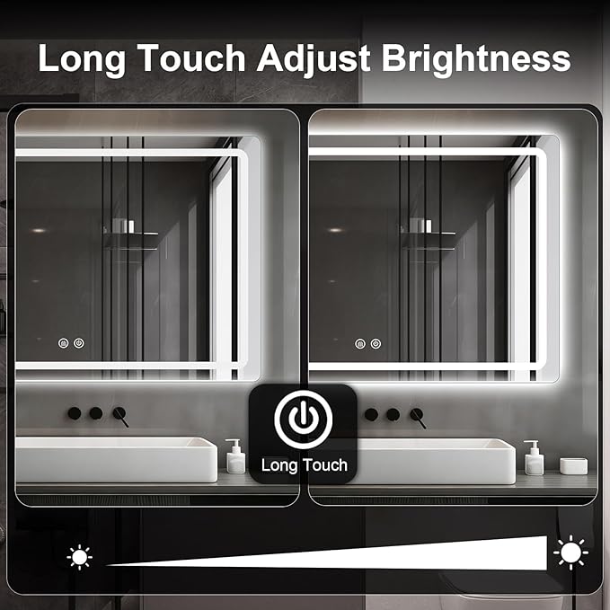 LED Bathroom Mirror, 48 x 36 Inch Anti-Fog Wall Mirror with Lights Stepless Dimmable, Lighted Bathroom Mirrors for Wall, Rectangle Bathroom Vanity Mirror with Front and Backlight, Horizontally Only
