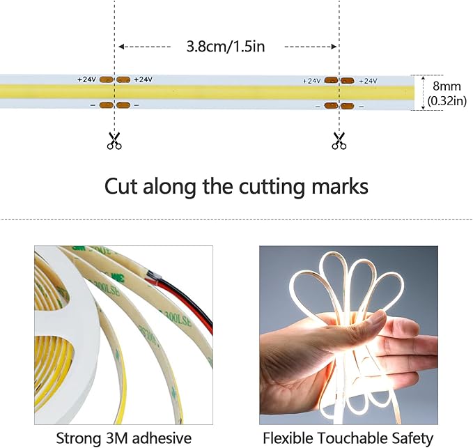 GOMING Motion Sensor COB LED Light Strip 32.8ft(10M) Cool White 6000K 3 Lighting Modes 3 Timing Off Modes 3 Brightness Modes with Power Adapter for Kitchen Cabinets Stair Showcase Bedroom Bed