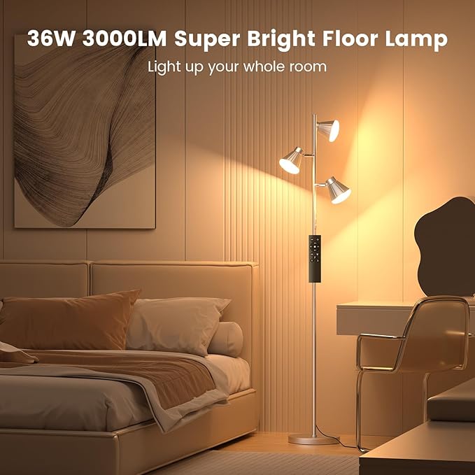 36W LED Tree Floor Lamp, Dimmable Tall Standing Lamp with Remote & Touch Control, 4 Color Temperatures Bright Floor Lamp, 3 Rotatable Light Modern Floor Lamps for Living Room Bedroom Office