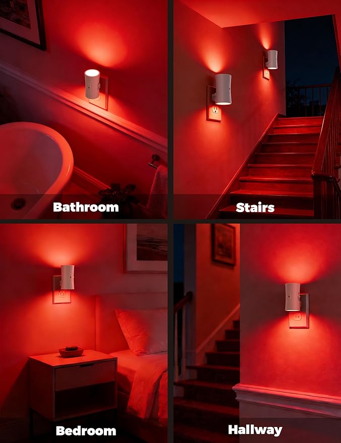 Night Light, Night Lights Plug into Wall [2 Pack], 0-100LM Adjustable Brightness Light Sensor Nightlights Plug in Wall for Hallway, Bathroom, Adults, Red Led Nightlight