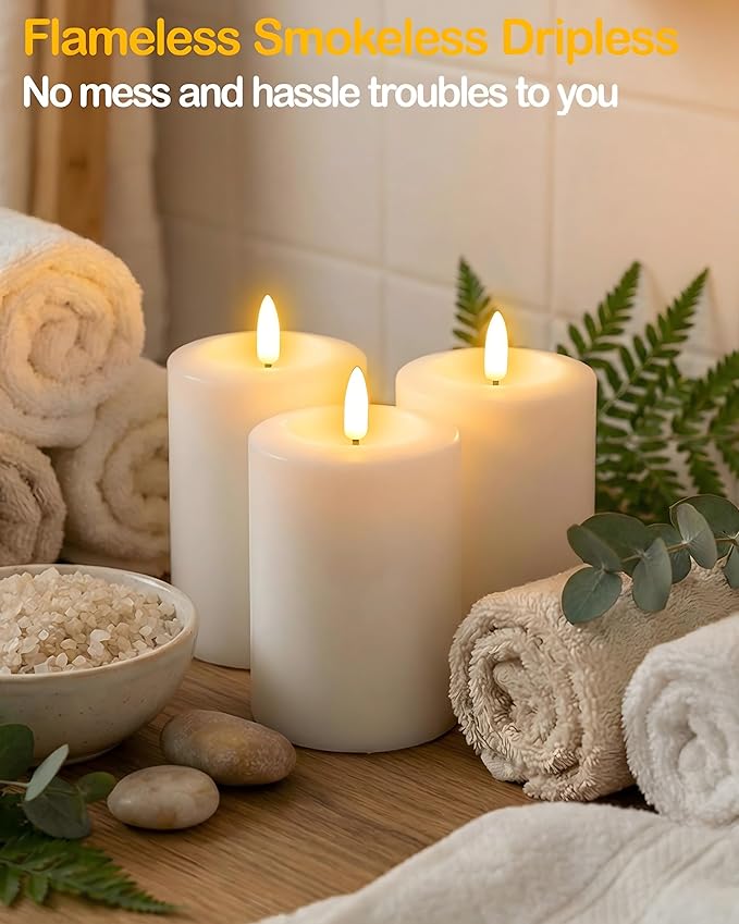 3"x5" Flickering Flameless Candles with Remote Timer, Real Wax, White Pillar Candles, Set of 3 Large LED Battery Operated Candles for Home, Fireplace, Centerpiece, Rustic and Farmhouse Decor