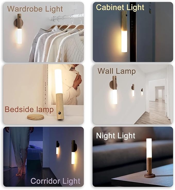 Wall Sconces, Smart Portable Sensor Night Light Wood USB Rechargeable Magnetic Night Light for Bedroom, Hallway, Stairway Wall Induction lamp (Walnut Wood 2PCS)