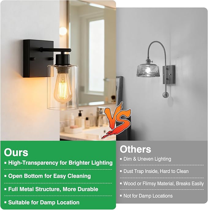 2-Pack Wall Sconces for Bathroom, Matte Black Vanity Lights, Modern Wall Light Fixture with Clear Glass Shade, Farmhouse Wall-Mount Lighting Lanterns, Wall Lamps for Mirror Living Room Bedroom Hallway