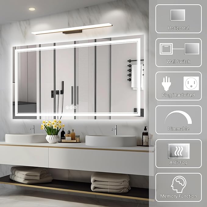 55x30 Inch Led Mirror for Bathroom with Front Light and Backlit, Bathroom Mirror with Led Lights, Vanity Mirror with Lights for Wall, Anti-Fog, Dimmable, Memory Function, Tempered Glass
