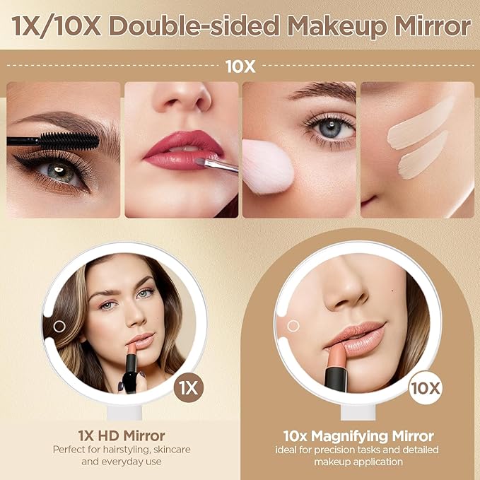 Portable Travel Makeup Mirror with Lights - 3 Color Dimmable Lighting, 360° Rotation, Rechargeable Double-Sided 1X/10X Magnifying Mirror, Adjustable Brightness for Tabletop, Home & On-the-Go Use