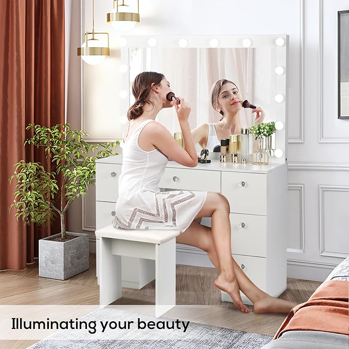 SMOOL Vanity with Lighted Mirror, Makeup Vanity Desk with Power Outlet and LED Bulbs, 3 Color Lighting Modes Adjustable Brightness, 7 Drawers Vanity Table with Cushioned Stool for Bedroom, White