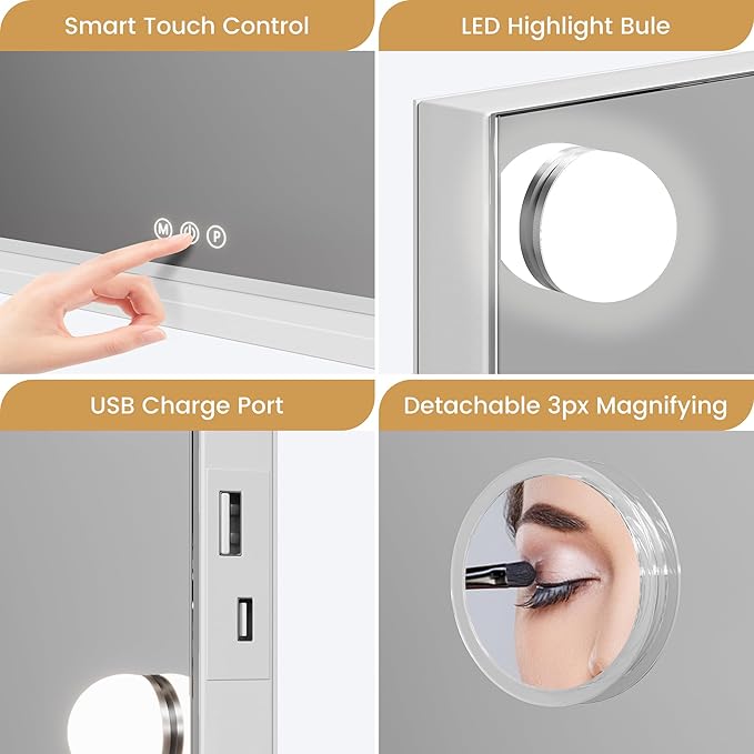 Aluminum Frame LED Makeup Mirror, 23x18 Lighted Vanity Mirror with 15 Dimmable LED Bulbs, 3 Color Modes, 3X Magnifying Mirror, Touch Dimmer, USB Type-C Port, Detachable Base, Wall Mountable