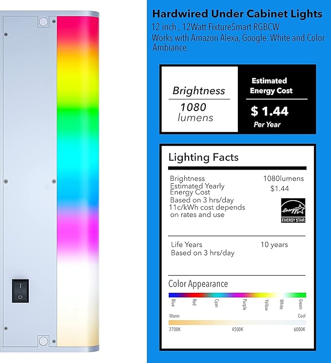 LED Under Cabinet Lights Fixture Hardwired, Smart Undercabinet Lighting Alexa Google Enabled. Plug in and Direct Wire. Dimmable and Linkable 120V Under Counter Light for Kitchen (2-Bar 12 Inch)