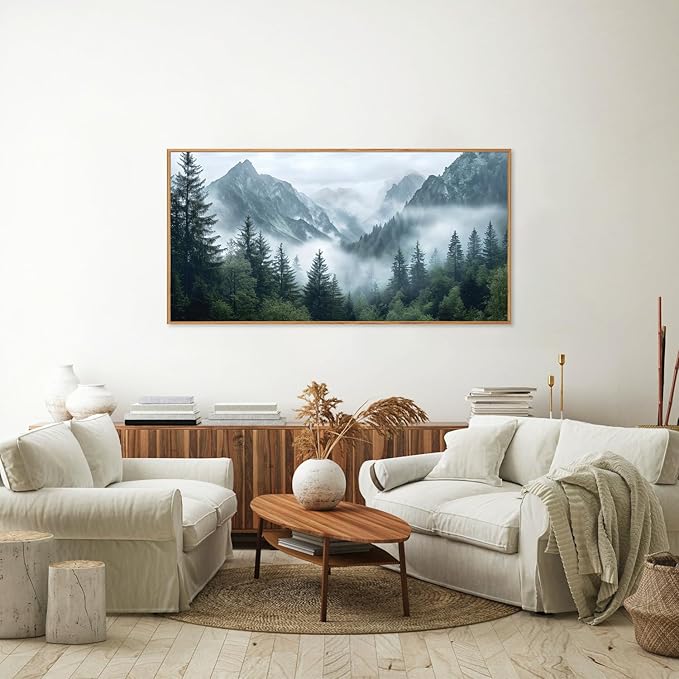 YeeHomedec Large Mountain Framed Canvas Wall Art, Modern Calming Forest Wall Decor, Misty Nature Mountains Art Painting, Wooden Pine Trees Artwork for Living Room Bedroom Farmhouse 20"x40"