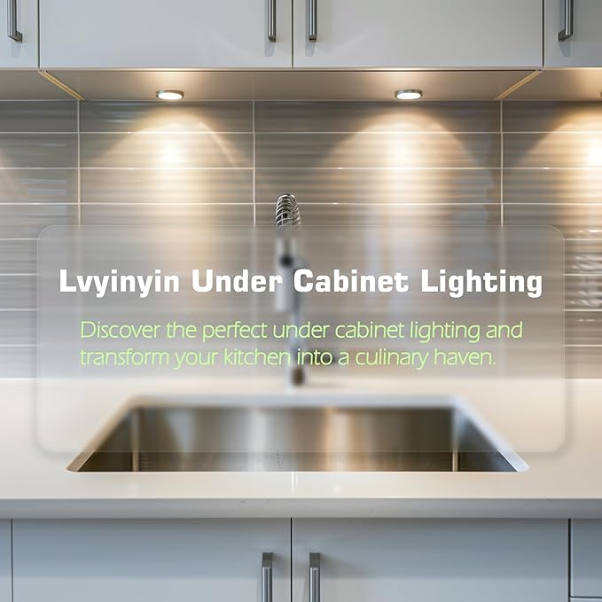 Slim Under Cabinet LED Puck Lights, 110V Wired Ambiance Lighting, Plug-in & Direct Hardwired, Daisy Chained linkable, Wireless RF Remote Dimmable, White Cables, Warm White, 12 Lights