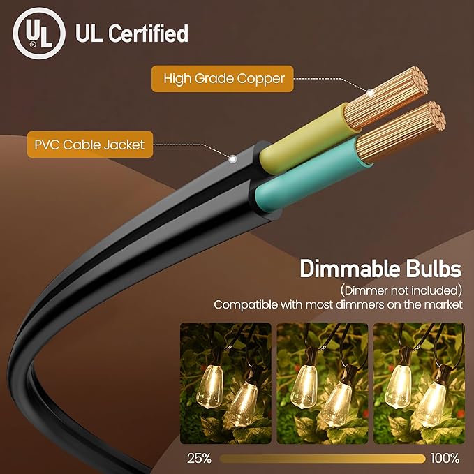 Outdoor String Lights 26 FT 14 Shatterproof LED Bulbs, UL Certified Patio Lights Outdoor Light Strings Waterproof for Patio Yard Outside Party Wedding, Connectable Dimmable 13 Sockets 2700K