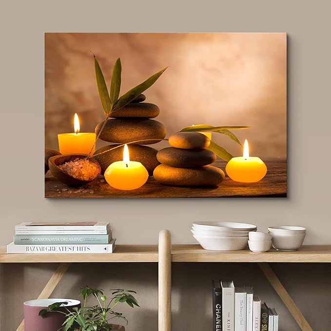 wall26 Canvas Print Wall Art Candles with Massage Stones in Romantic Brown Atmosphere Floral Nature Photography Realism Bohemian Scenic Cool for Living Room, Bedroom, Bathroom, Office - 24"x36"