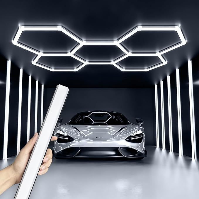 Updated Bigger Size 5 Grid Hexagon Garage LED Lights with Widen 1.33IN Illuminated Surface, 25 Pack, 26400LM Led Lights System for Garage, Basement,Warehouse (Black Edge)Patent No.US0D1109406S