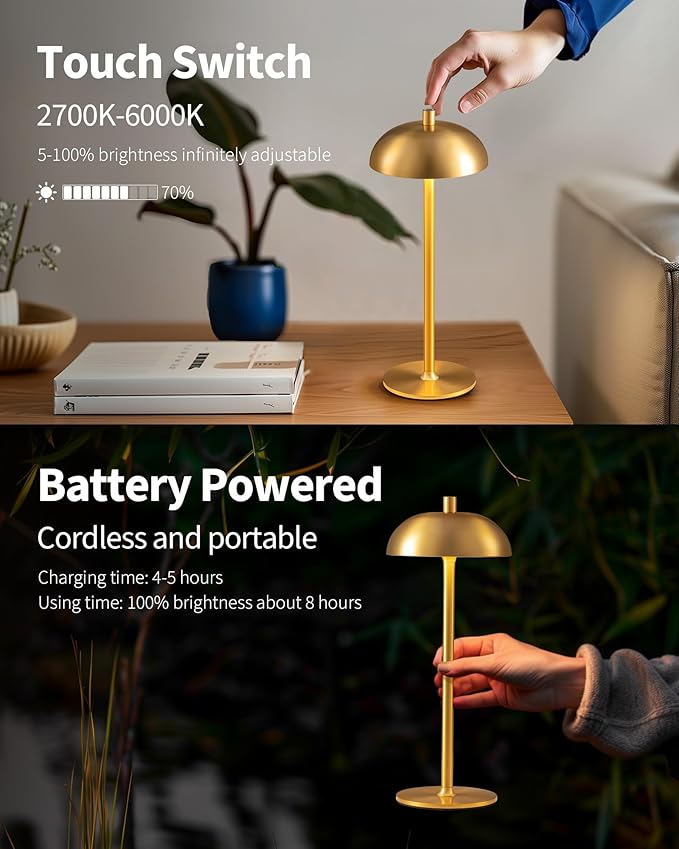 Cordless LED 12" Small Table Lamps Set of 2, Modern Portable Desk Lamp, 3 Color Dimming Rechargeable Battery Lights, for Bedroom, Outdoor, Restaurant, Bedside, Baby Night Light, Gifts (Gold)